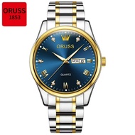 Oruss chính hãng nam/Phụ Nữ lịch kép thép không gỉ sang trọng Không Thấm Nước Sáng Bạc/đồng hồ Vàng