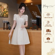 Stone Collar Puff Sleeve Dress with A-Line Flared Mini Office Party Dress Made of Luxurious Brocade 