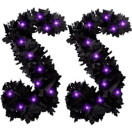 2 Pack Black Artificial Fall Maple Leaf Garland 5.7Ft Halloween Maple Hanging Vines with Purple Stri