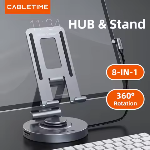 CABLETIME USB C Hub 8 IN 1 DOCK 360 Rotating Stand HDMI 4K 60Hz PD 100W USB 5Gbps SD TF Aux 3.5mm fo