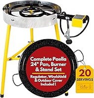 Paelluxe Complete Paella Pan Burner &amp; Stand Set 20 Servings - Dual Propane - 24-Inch Steel Pan - Portable Gas Stove - Wok, Pots, Cast Iron - Ideal for Camping Grill, Backyard &amp; Patio Cooking