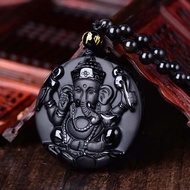 Natural Black Obsidian Carved Ganesh Elephant Lucky Pendants Free Necklace Fine Stone Crystal Fashio