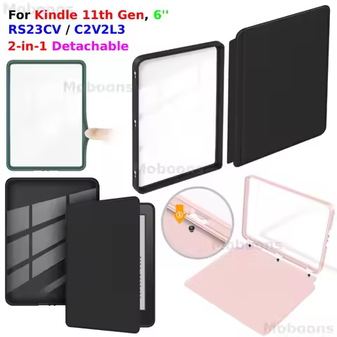 For Kindle 11th Gen 2024/2022 6" Detachable 2-in-1 Case Clear Acrylic Back Wake/Sleep PU Leather Cov