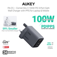 AUKEY PA-C5 Comet Mix 3 100W PD PPS Super Fast Charging 3-Port GaN Wall Charger for Laptop & Mobile 
