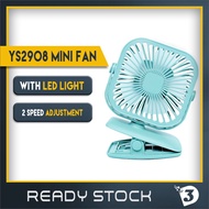 YASE YS2908 LED Light 360 Adjust Mini Fan USB Charging Mini Clip Fan with Cable Small Kipas Portable