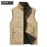 JEEP SPIRIT 1941 ESTD ชายวัยกลางคนเสื้อกั๊กการถ่ายภาพตกปลาสองด้านคอเสื้อฝ้ายเสื้อกั๊ก