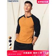 TOMATOPAPA Gaya Amerika Asal Henley Kolar Blok Warna Raglan Lengan Panjang T-Shirt Baju Sukan Musim 