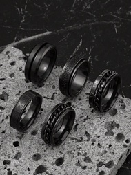 5 Pieces Fashionable Design Stainless Steel Splicing Text Romaji Elements Decoration Men'S Ring Set 
