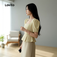 Lovito Blusang Elegan Berlipat Mudah Kuning untuk Wanita Musim Bunga/Panas L158ED777