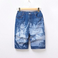 Teen Boy Streetwear Cool Second-Generation Anime Character วินเทจ Washed Ripped Denim Shorts with El