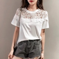 Pure Cotton Short-Sleeved T-Shirt Women Korean Version Loose All-Match Fashion Age-Reducing Lace Stitching Casual Top Trendy Pure Cotton Short-Sleeved T-Shirt Women Korean Version Loose All-Match Fashion Age-Reducing Lace Stitching Casual