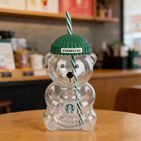 Stylish Starbucks Bearista Bear Glass Cup 20oz Green Lid Straw Cold Water Home Gift
