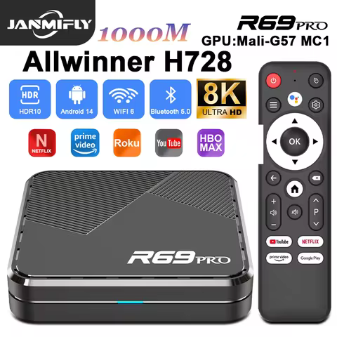 R69 PRO Android 14 TV Box Allwinner H728 Octa-Core A55 CPU Mali G57 GPU WiFi 6 8K Voice-activated Bl