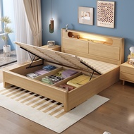 Nordic Solid Wood Bed Double Bed with Light HDB Storage Bed Frame with Storage Drawers High Double Bed Bedframe Wooden Bed Queen King Bed Storage Bed Frame