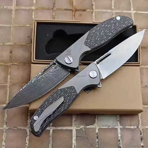 JUFULE Bear F3 CD Damascus /Mark M390 Logo Ceramic Bearing Titanium Carbon Fiber Tactical Camp Hunt 