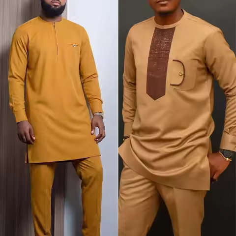 African Traditional Outfit Dashiki Black O-Neck Elegant Suits For Men New 2Pc Luxury Brand Clothing 