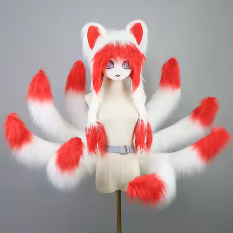 Red White Handmade Nine Tail Fox Plush LOL Tail Anime Lolita Cosplay Furry Fox Tail Halloween Carniv