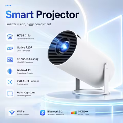 2026 New HY300 Portable Projector 290ANSI Android 11 WiFi6 Native 720P Support 4K HD Video For Bed R