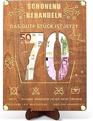70th Birthday Money Gifts Wooden Birthday 20 x 15 cm with Stand and Greeting Card, 70th Birthday Mon