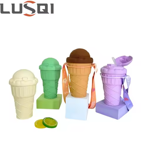 LUSQI 500ML Ice Cream Shape Water Bottle With Straw Drinking Water Bottle Leakproof Cute Water Bottl