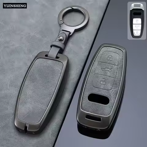 Zinc Alloy + Leather Car Key Case Cover Fob Protection Holder for Audi A8 S8 Q7 Q8 SQ8 A3 A6 C8 A7 S