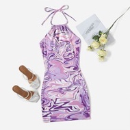 90s Marble Print Ruched Graphic Bodycon Dress,Pastel Dresses For Women
