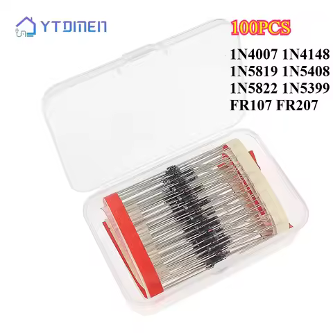 100pcs Schottky Diode Kit Box 8 Values Diodes 1N4007 1N4148 1N5819 1N5408 1N5822 1N5399 FR107 FR207 