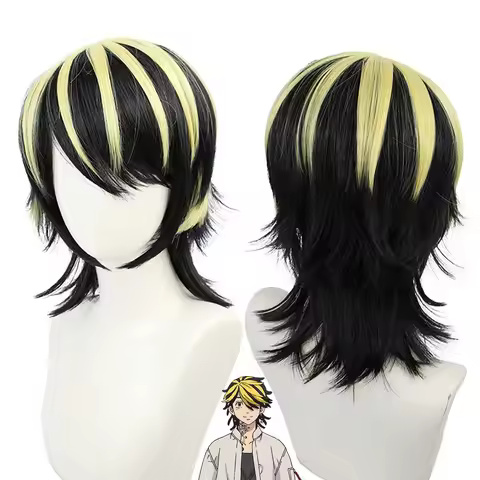 Men Anime Tokyo Revengers Hanemiya Kazutora Cosplay Black Golden Mix Short Synthetic Hair Wig