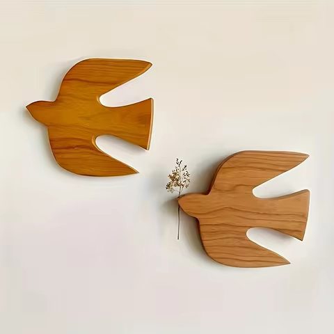 Handmade Wooden Bird Wall Hanging - Art Home Decoration Sculpture, Light Brown Wood Grain Finishing,
