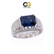 CG Lab Corundum Sapphire Emerald Cut with Moissanite Micro Setting Modern Design Silver Men's Ring
