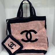 Chanel 20C 毛巾布料沙灘包 粉拼深藍色
