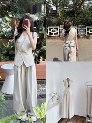 Set bộ thời trang Nữ chất mango cao cấp áo sát nách cổ V đính nút bọc bắt mắt phối quần dài ống suôn