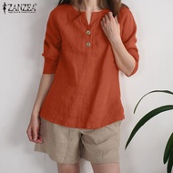 ZANZEA เสื้อคอวีแขน3/4สำหรับผู้หญิงใส่ในฤดูร้อนเสื้อเสื้อผ้าฝ้ายแข็งเสื้อยืดลำลอง #15