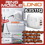 [Ready Stock] LDNIO A3511Q 65W GaN PD Type-C + Dual USB Ports Fast Charge Wall Charger (UK Plug) with Type-C to Type-C Fast Charge Cable for Samsung / Xiaomi / Huawei / Oppo / Vivo / Realme / OnePlus