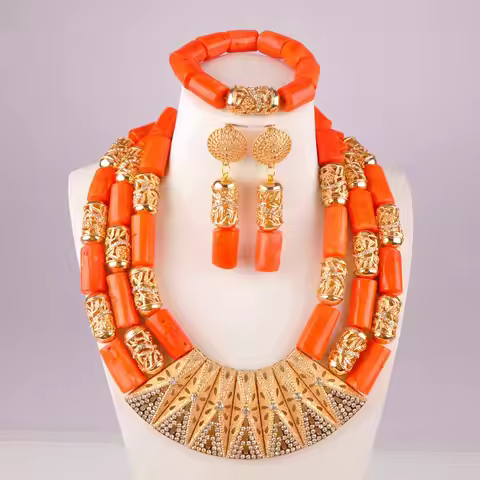 splendid orange nigeria coral beads necklace african jewelry set bridal wedding jewelry sets C21-23-