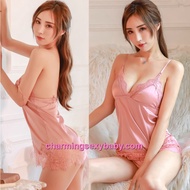 <LOCAL READY STOCK> Sexy Lingerie Coral Lace Satin Dress Set Women Sleepwear Nightwear Pyjamas Baju 