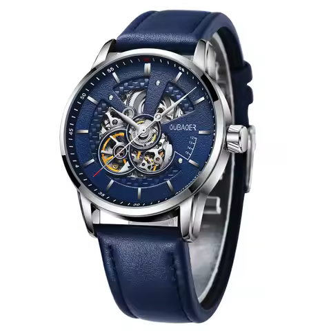OUBAOER Original Automatic Watch Men Skeleton Self-Winding Mechanical Wristwatch Blue Strap Leather 