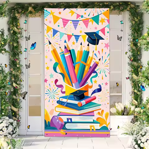 【 Party Banner 】1 piece, campus gate background for graduation season - pencil, book, ribbon, firewo