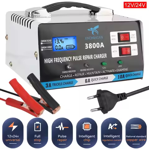 EU Plug Full Automatic Car Battery Charger 12V 24V High Power Fast Charger Repair Battery Charger Fo