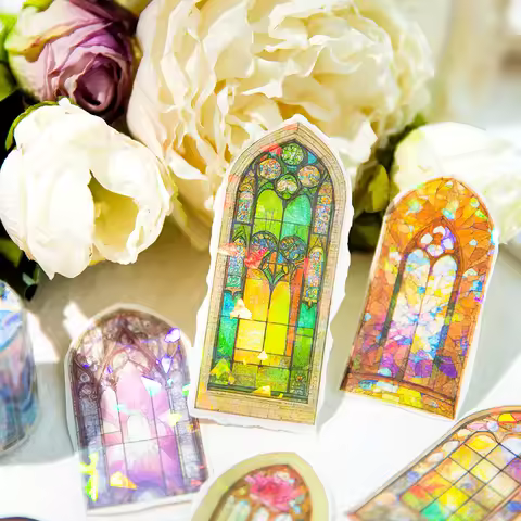 Yoofun 4x200cm Midsummer Colorful Church Window Masking Tape Aesthetic Window Sticker Tape Journal S