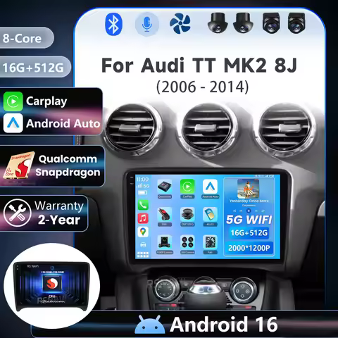 Android 16 Qualcomm Carplay Auto 2K Screen Car Radio Multimedia Player For Audi TT MK2 8J 2006 - 201