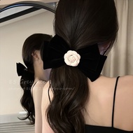 Classic gray camellia black velvet bow clip 85 degrees