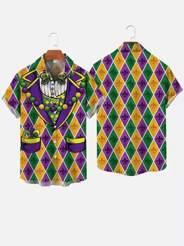2025 Fashion Mardi Gras Carnival Tuxedo Printing Beach Shirts Short Sleeve Casual Aloha Shirts For M