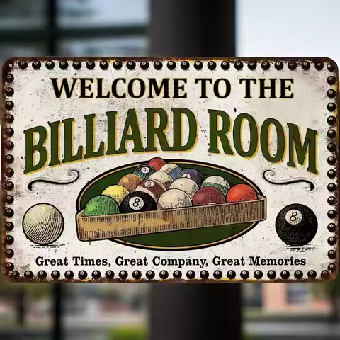Artisanal Herald-Fire Patina Iron Sign – "Welcome To The Billiard Room" Mandala with Caduceus-Cue Mo