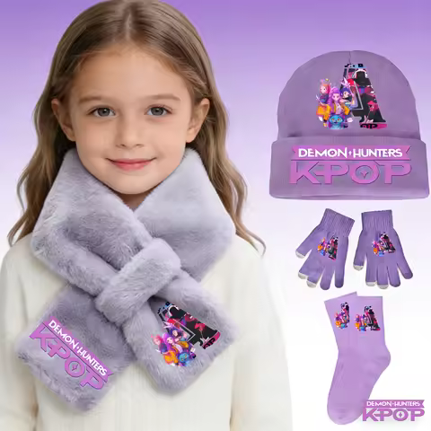 KPop Demon Hunters 4Pcs Korean Style Girl Crush Knit Set - Warm Cozy Soft Winter Hat Scarf Gloves So