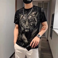 Station Men Hot Diamond Short-Sleeved t-Shirt Street Wear Tiger Print Mercerized Cotton t-Shirt Men'