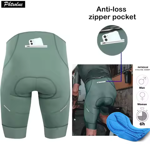 Phtxolue Men Cycling Shorts Anti-Loss Zipper Pocket 6H 500KM Women Ride MTB Pro Bike Short Green Bla