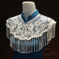 Vintage Lace Pearl Fringe Shawl