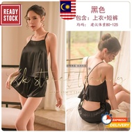 Ready Stock in JOHOR Women's  Ice Silk Satin Babydoll Dress Sexy Lingerie Sleepwear Nightwear Pyjama