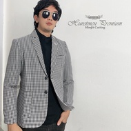 blazer pria premium motif tartan houndstooth hitam putih slimfit casual formal realpicture 2 kancing